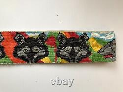 Wolf Bear Native American Beaded Belt Hand made Wide long Bead Indian Leather