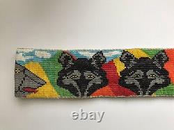 Wolf Bear Native American Beaded Belt Hand made Wide long Bead Indian Leather