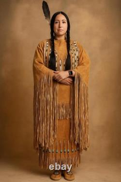 Women Brown Suede Leather Powwow Dress Native American Regalia Fringed & Beaded