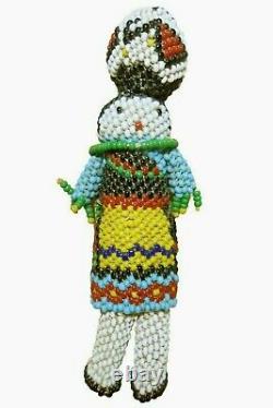 ZUNI NATIVE AMERICAN VINT SM HANDMADE FULLY GLASS BEADED DOLL, WithCER POT on HEAD