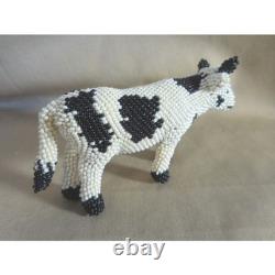 Zuni Beaded Cow Figurine Native American Folk Art Black White Spotted # 706sss